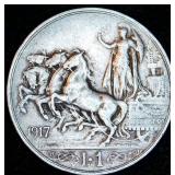 VF+/XF 1917 Italy Silver 1 Lire, Slight Luster Remains