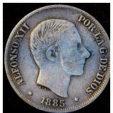 1885 Spanish Philippines Silver 10 Centavos, VF, Unaltered Surfaces