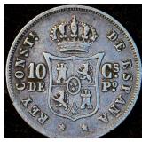 1885 Spanish Philippines Silver 10 Centavos, VF, Unaltered Surfaces