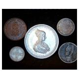 AU+/UNC 1951 New Zealand Half Penny + (4) World Coins, Some Silver