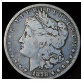 Strong 7/8 Tailfeather 1878-P Morgan Silver Dollar, VG, Details