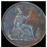 AU+/UNC 1886 Great Britain Farthing, Bun Head, Unaltered w/Luster & Traces of Red