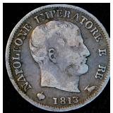 1813-M Napoleonic Kingdom (Italian States) Silver 5 Soldi, VF, Unaltered Surfaces