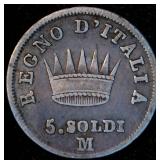 1813-M Napoleonic Kingdom (Italian States) Silver 5 Soldi, VF, Unaltered Surfaces