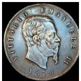 VF+ 1870-M BN Italy Silver 5 Lire Silver Crown, Lettered Edge, Some Luster