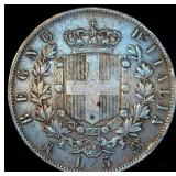 VF+ 1870-M BN Italy Silver 5 Lire Silver Crown, Lettered Edge, Some Luster