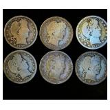 (6) Circulated Barber Quarters