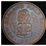 AU+/UNC 1951 New Zealand Half Penny + (4) World Coins, Some Silver