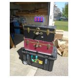3 trunks. As shown. 1 dewalt with misc cdr discs & porcelian figures. As shown. CASH ON SITE ONLY. PICKUP IS TUESDAY MAY 19TH FROM 11 AM TO 4 PM. REGARDLESS WHAT THE SCHEDULE STATES.