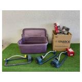 Tote of Lawn Sprinklers & Box of Light Bulbs
