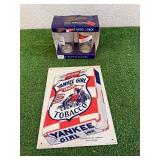 Metal Yankee Girl Sign & Miller 16 oz Glasses