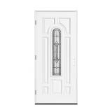 ^Masonite Providence 36 in. x 80 in. 7 Panel Right-Hand Inswing 1/4 Lite Center Arch Primed White Steel Prehung Front Door Msrp $786.00