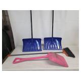 Lot of Snow shovels, broom, Grain Scoop