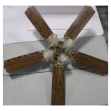 Five-Blade Wood-Grain Ceiling Fan - Brass Fixture with Frosted Glass Lights (Not Tested)