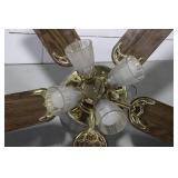 Five-Blade Wood-Grain Ceiling Fan - Brass Fixture with Frosted Glass Lights (Not Tested)