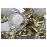 Five-Blade Wood-Grain Ceiling Fan - Brass Fixture with Frosted Glass Lights (Not Tested)
