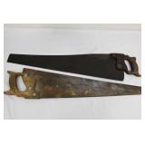 Two Antique Handsaws with Carved Wooden Handles - Rusted Blades