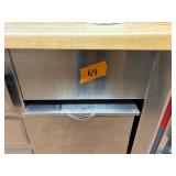 STAINLESS STEEL CUTTING BOARD STATION WITH STORAGE AND ROLLER CABINETS