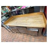 STAINLESS STEEL CUTTING BOARD STATION WITH STORAGE AND ROLLER CABINETS