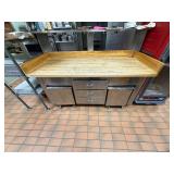STAINLESS STEEL CUTTING BOARD STATION WITH STORAGE AND ROLLER CABINETS