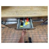 STAINLESS STEEL CUTTING BOARD STATION WITH STORAGE AND ROLLER CABINETS