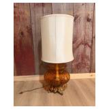 Amber Glass Table Lamp w/ Ornate Gold-Tone Footed Base & Drum Shade – Approx. 33” Tall