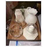 Various vintage lamp shades including white milk glass, a hobnail pattern shade, and a clear shade with etched snowflake designs.