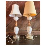 Vintage Quilted Diamond Milk Glass Lamps with shades, likely manufactured around the 1950s