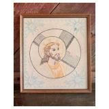 Vintage framed needlepoint embroidery depicting a portrait of Jesus Christ.