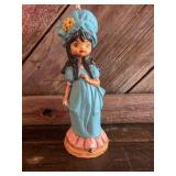 Big-Eyed Girl Chalkware Figurine w/ Blue Dress & Bonnet