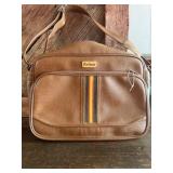 Vintage Prima Brown Faux Leather Travel Carry-On Shoulder Bag Retro Stripe Accent