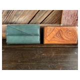 1970s tooled leather wallet & green leather Rolfs Cowhide wallet