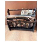 Primitive Distressed Black Wooden Magazine Rack / Farmhouse Organizer W various contents books & more
