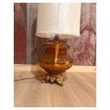 Amber Glass Table Lamp w/ Ornate Gold-Tone Footed Base & Drum Shade – Approx. 33” Tall