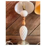 Vintage Quilted Diamond Milk Glass Lamps with shades, likely manufactured around the 1950s