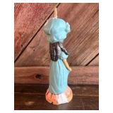 Big-Eyed Girl Chalkware Figurine w/ Blue Dress & Bonnet