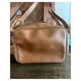 Vintage Prima Brown Faux Leather Travel Carry-On Shoulder Bag Retro Stripe Accent