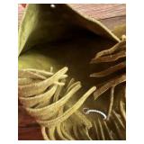 handmade moss green suede leather bohemian-style crossbody bag with fringe detailing.