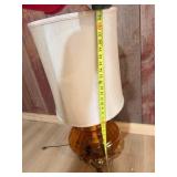 Amber Glass Table Lamp w/ Ornate Gold-Tone Footed Base & Drum Shade – Approx. 33” Tall