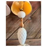Vintage Quilted Diamond Milk Glass Lamps with shades, likely manufactured around the 1950s