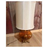 Amber Glass Table Lamp w/ Ornate Gold-Tone Footed Base & Drum Shade – Approx. 33” Tall
