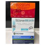 Lot of 3 Boxes of Gloves- Blossom, Criterion N300 Ultra, Halyard Aquasoft. Total 700 Large gloves. Includes latex & nitrile options. Features powder-free, textured grip, and ambidextrous designs f
