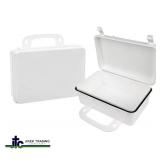 Lot of 10 NEW Empty First Aid Boxes. Durable, weather-resistant plastic cases with gasket seals. Features a secure snap latch and a built-in handle/hanger for wall mounting. Perfect for DIY kits or bu