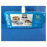 Brand New  Anchor Hocking 16-piece glass food storage set featuring round containers with blue lids