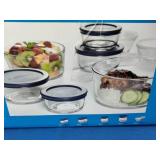 Brand New  Anchor Hocking 16-piece glass food storage set featuring round containers with blue lids