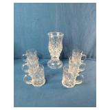This set resembles Waterford Lismore crystal Irish coffee mugs and a matching hurricane candle holder