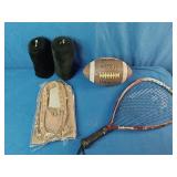 Moccasins, Football, Golf Club Covers, and a Racket Ball Racket