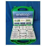 Panasonic Eneloop Power Pack Kit featuring rechargeable batteries, a charger, and plastic storage case.