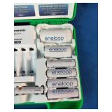 Panasonic Eneloop Power Pack Kit featuring rechargeable batteries, a charger, and plastic storage case.