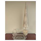 Pearl Accent Tree, Crackle Glass Vase & Vintage Glass Serving Tray